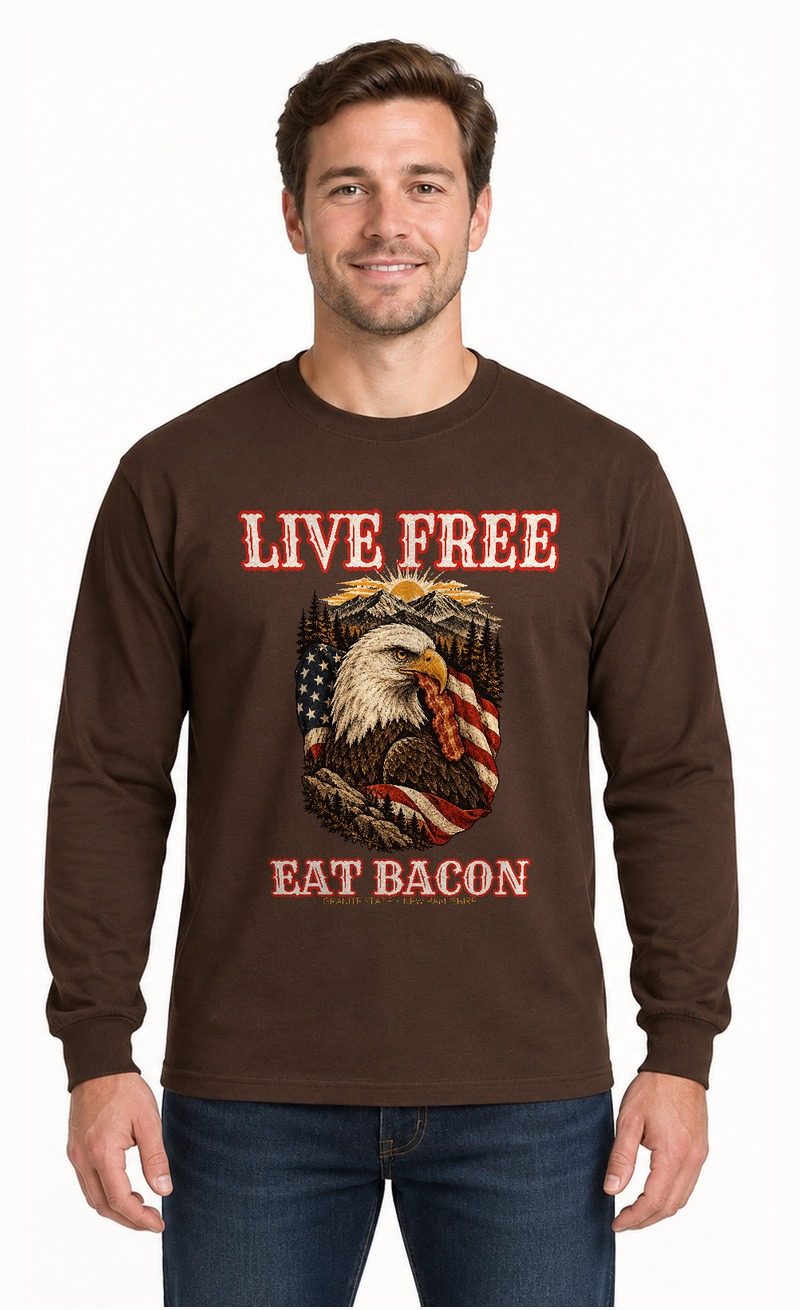 Front of the Dark Chocolate Live Free Eat Bacon long-sleeve tee